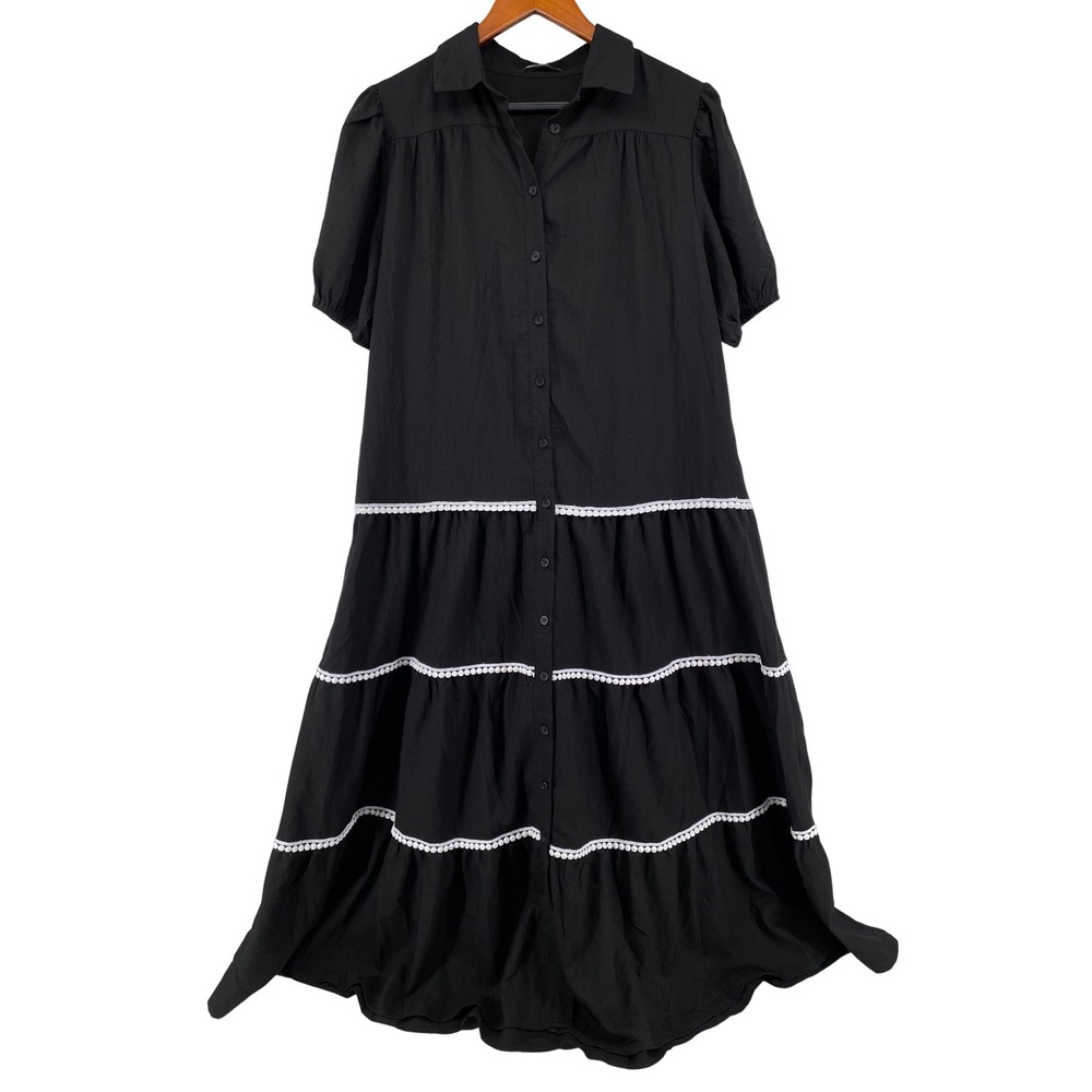 Tiered Maxi Dress Womens Large Black Dark Cottage Country Artsy Boho Puff Sleeve